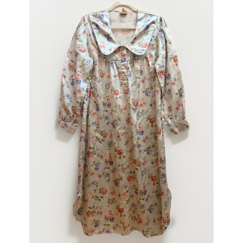 VTG Barbizon Cuddleskin Satin Floral M Nightgown Silky Cottage Prairie‎ Granny